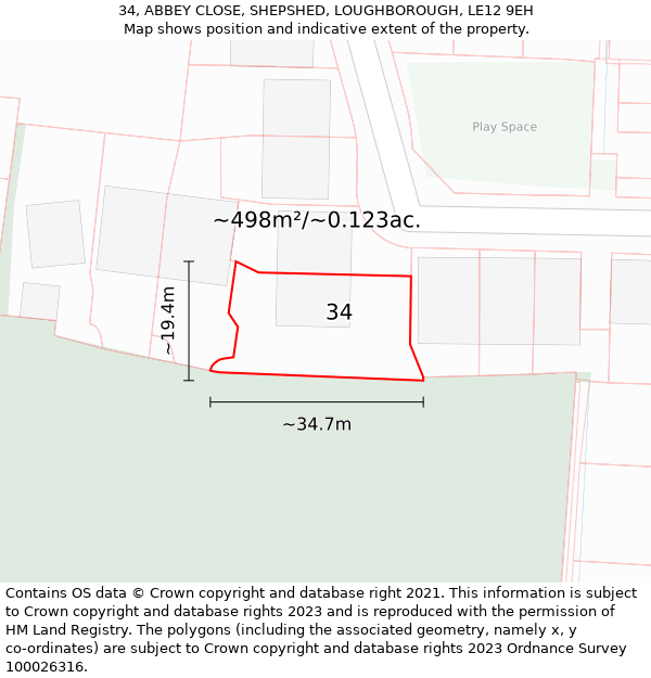 34, ABBEY CLOSE, SHEPSHED, LOUGHBOROUGH, LE12 9EH: Plot and title map