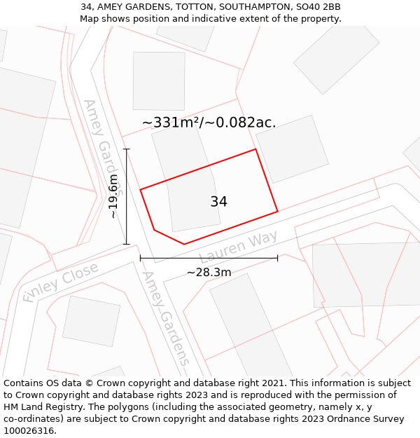 34, AMEY GARDENS, TOTTON, SOUTHAMPTON, SO40 2BB: Plot and title map