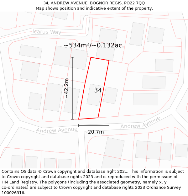 34, ANDREW AVENUE, BOGNOR REGIS, PO22 7QQ: Plot and title map