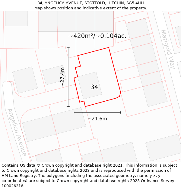 34, ANGELICA AVENUE, STOTFOLD, HITCHIN, SG5 4HH: Plot and title map