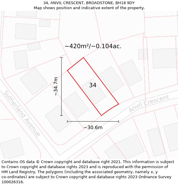 34, ANVIL CRESCENT, BROADSTONE, BH18 9DY: Plot and title map