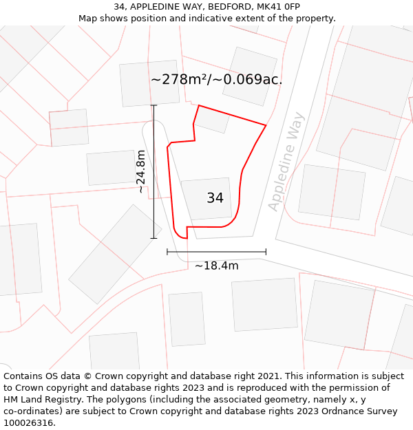 34, APPLEDINE WAY, BEDFORD, MK41 0FP: Plot and title map