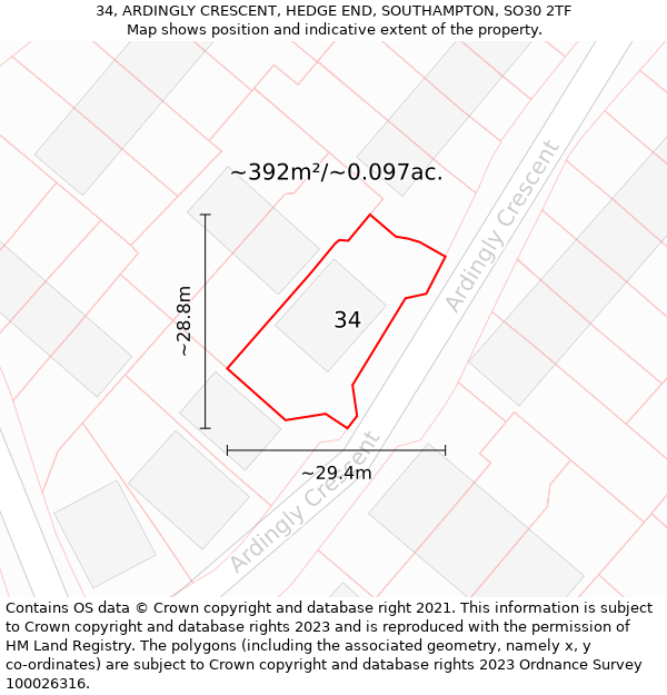 34, ARDINGLY CRESCENT, HEDGE END, SOUTHAMPTON, SO30 2TF: Plot and title map