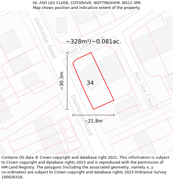 34, ASH LEA CLOSE, COTGRAVE, NOTTINGHAM, NG12 3PR: Plot and title map