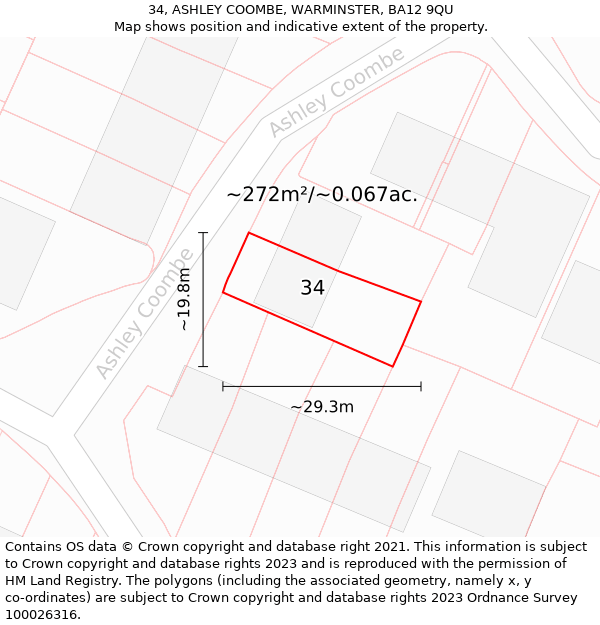 34, ASHLEY COOMBE, WARMINSTER, BA12 9QU: Plot and title map