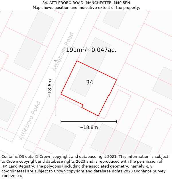 34, ATTLEBORO ROAD, MANCHESTER, M40 5EN: Plot and title map