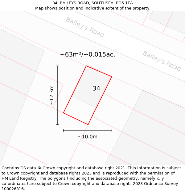 34, BAILEYS ROAD, SOUTHSEA, PO5 1EA: Plot and title map