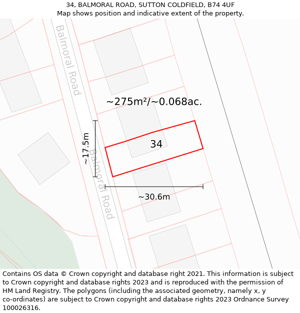 34, BALMORAL ROAD, SUTTON COLDFIELD, B74 4UF: Plot and title map