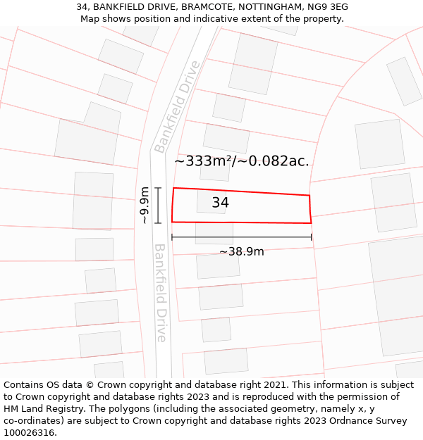 34, BANKFIELD DRIVE, BRAMCOTE, NOTTINGHAM, NG9 3EG: Plot and title map