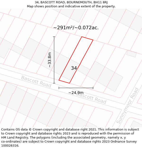 34, BASCOTT ROAD, BOURNEMOUTH, BH11 8RJ: Plot and title map