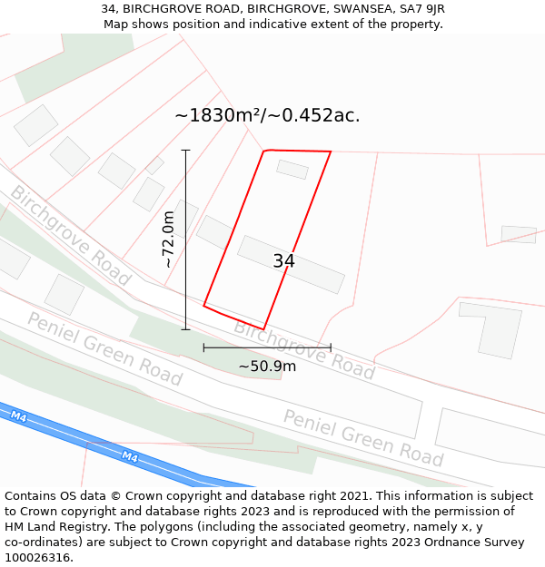 34, BIRCHGROVE ROAD, BIRCHGROVE, SWANSEA, SA7 9JR: Plot and title map