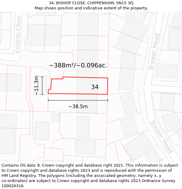 34, BISHOP CLOSE, CHIPPENHAM, SN15 3FJ: Plot and title map