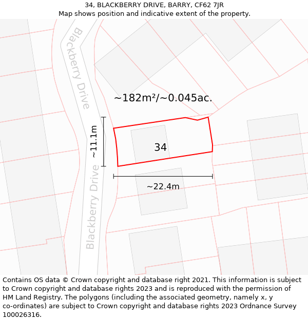 34, BLACKBERRY DRIVE, BARRY, CF62 7JR: Plot and title map