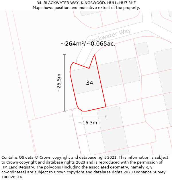 34, BLACKWATER WAY, KINGSWOOD, HULL, HU7 3HF: Plot and title map