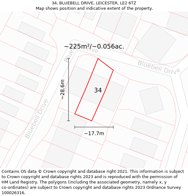 34, BLUEBELL DRIVE, LEICESTER, LE2 6TZ: Plot and title map