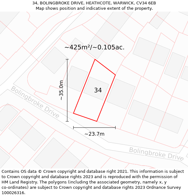 34, BOLINGBROKE DRIVE, HEATHCOTE, WARWICK, CV34 6EB: Plot and title map