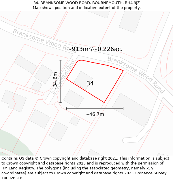 34, BRANKSOME WOOD ROAD, BOURNEMOUTH, BH4 9JZ: Plot and title map