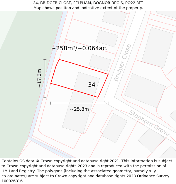 34, BRIDGER CLOSE, FELPHAM, BOGNOR REGIS, PO22 8FT: Plot and title map