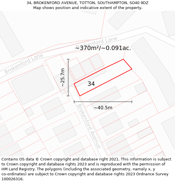 34, BROKENFORD AVENUE, TOTTON, SOUTHAMPTON, SO40 9DZ: Plot and title map