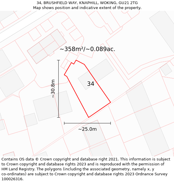 34, BRUSHFIELD WAY, KNAPHILL, WOKING, GU21 2TG: Plot and title map