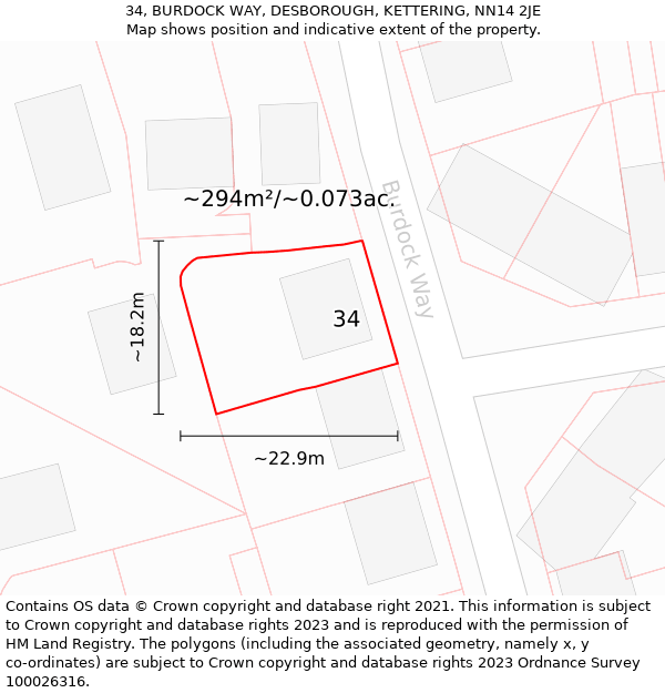 34, BURDOCK WAY, DESBOROUGH, KETTERING, NN14 2JE: Plot and title map