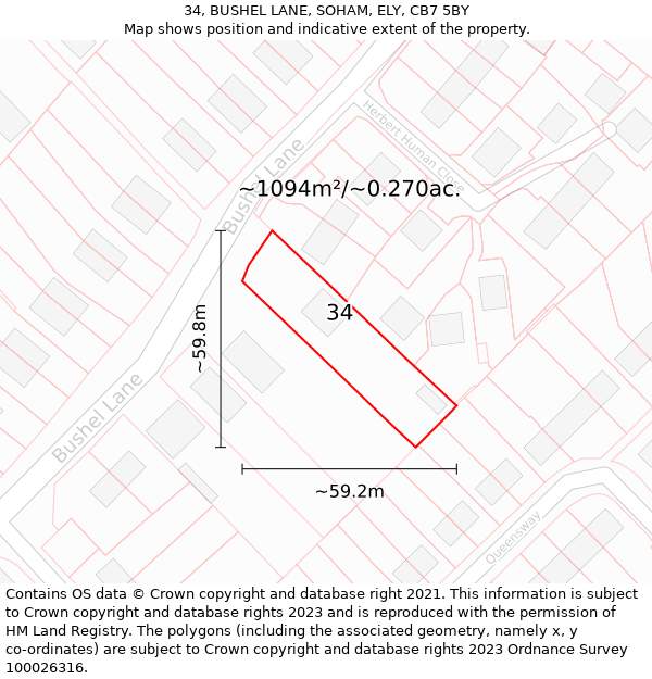 34, BUSHEL LANE, SOHAM, ELY, CB7 5BY: Plot and title map