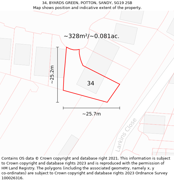 34, BYARDS GREEN, POTTON, SANDY, SG19 2SB: Plot and title map