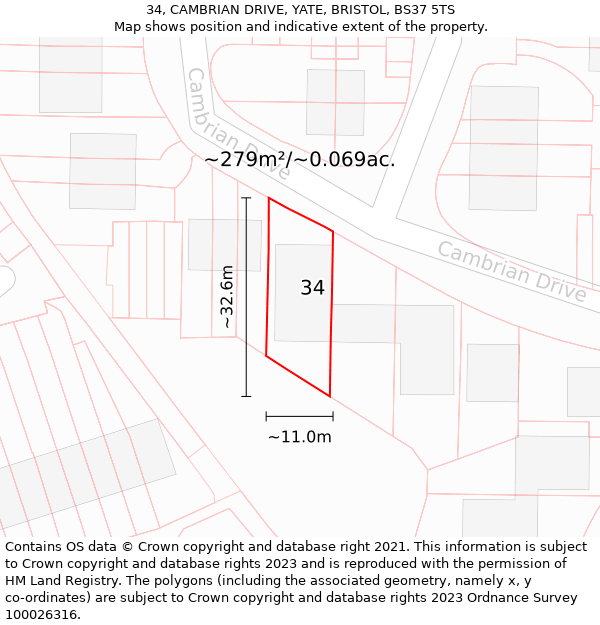 34, CAMBRIAN DRIVE, YATE, BRISTOL, BS37 5TS: Plot and title map