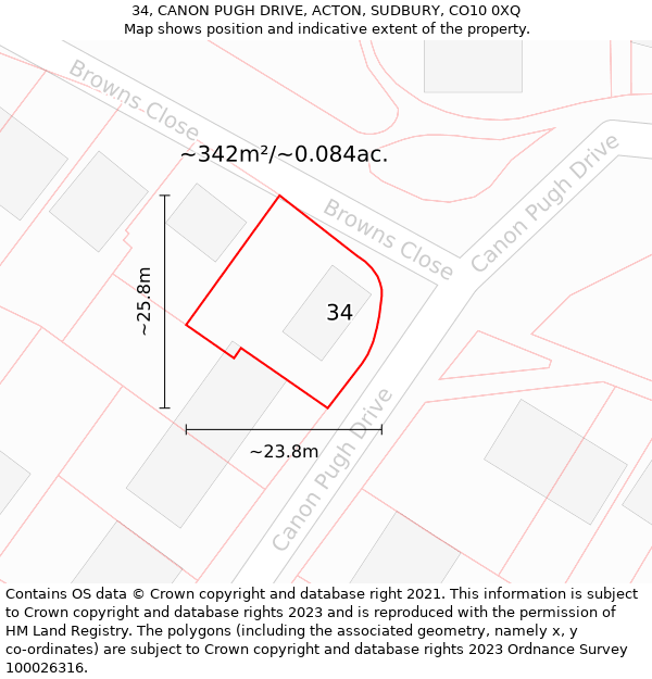 34, CANON PUGH DRIVE, ACTON, SUDBURY, CO10 0XQ: Plot and title map