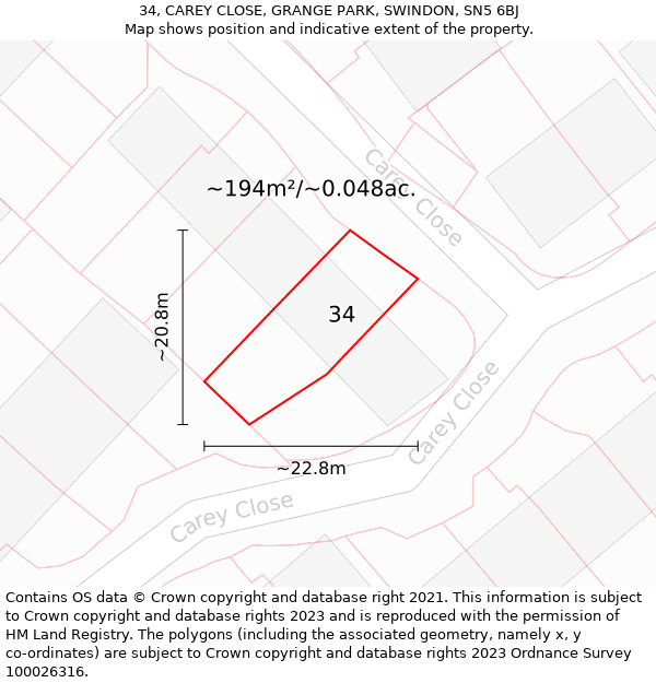 34, CAREY CLOSE, GRANGE PARK, SWINDON, SN5 6BJ: Plot and title map