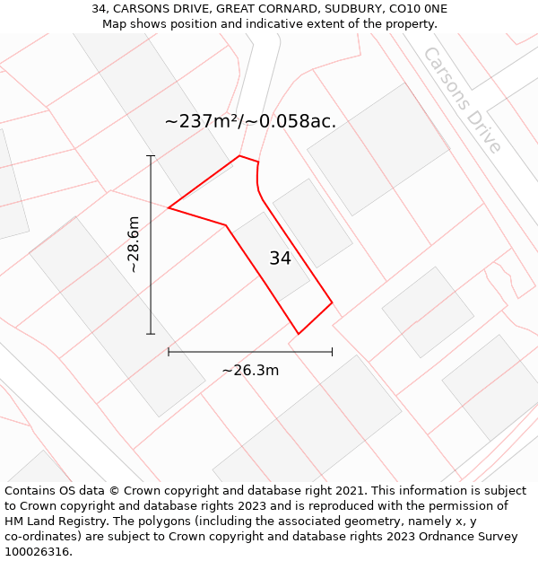 34, CARSONS DRIVE, GREAT CORNARD, SUDBURY, CO10 0NE: Plot and title map