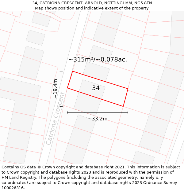 34, CATRIONA CRESCENT, ARNOLD, NOTTINGHAM, NG5 8EN: Plot and title map