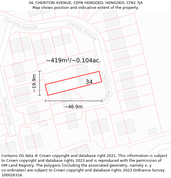 34, CHERITON AVENUE, CEFN HENGOED, HENGOED, CF82 7JA: Plot and title map