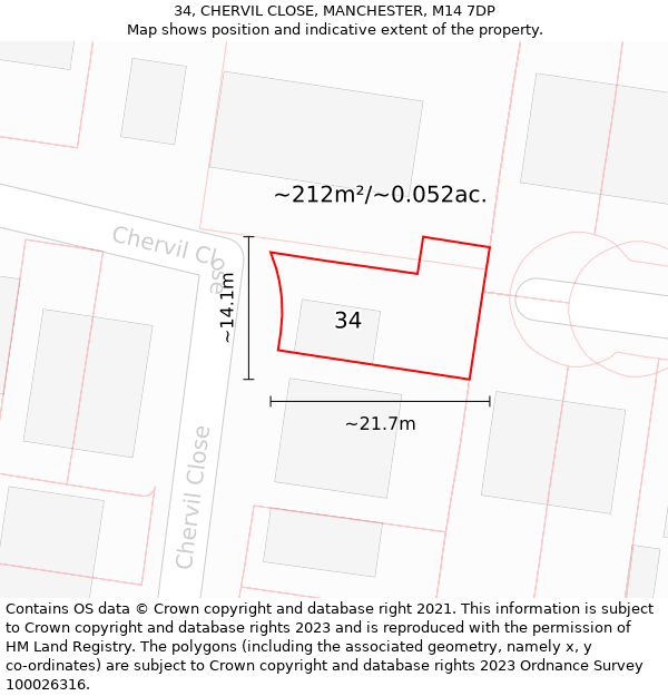 34, CHERVIL CLOSE, MANCHESTER, M14 7DP: Plot and title map