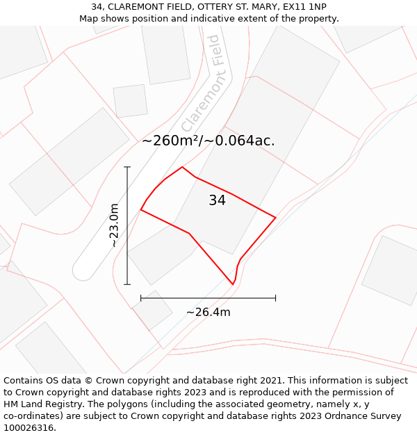 34, CLAREMONT FIELD, OTTERY ST. MARY, EX11 1NP: Plot and title map