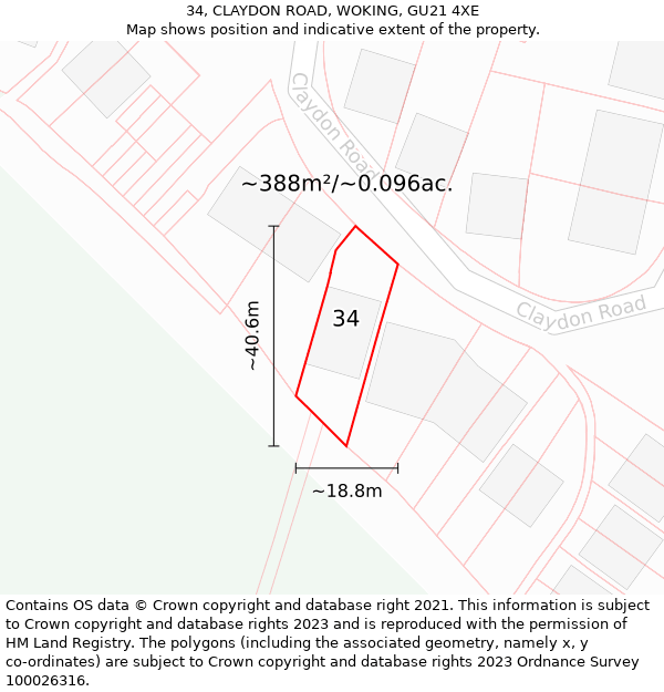 34, CLAYDON ROAD, WOKING, GU21 4XE: Plot and title map