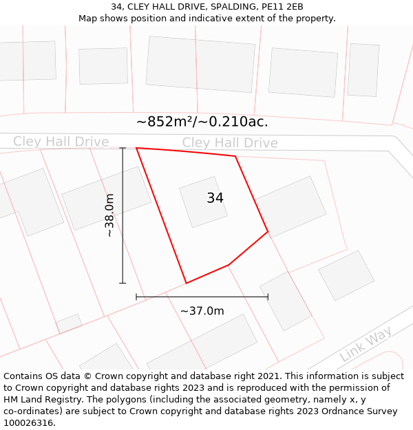 34, CLEY HALL DRIVE, SPALDING, PE11 2EB: Plot and title map