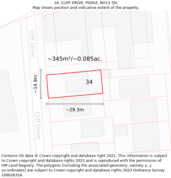 34, CLIFF DRIVE, POOLE, BH13 7JG: Plot and title map