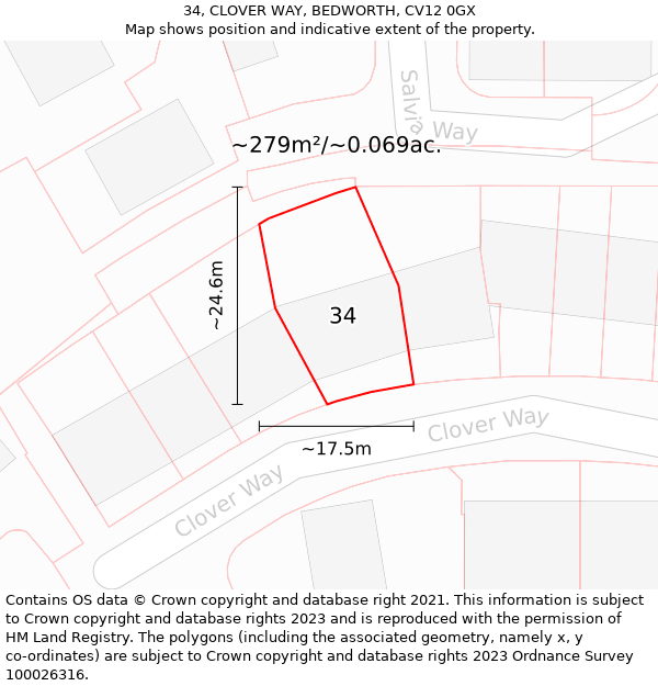 34, CLOVER WAY, BEDWORTH, CV12 0GX: Plot and title map