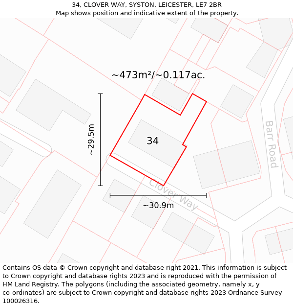 34, CLOVER WAY, SYSTON, LEICESTER, LE7 2BR: Plot and title map