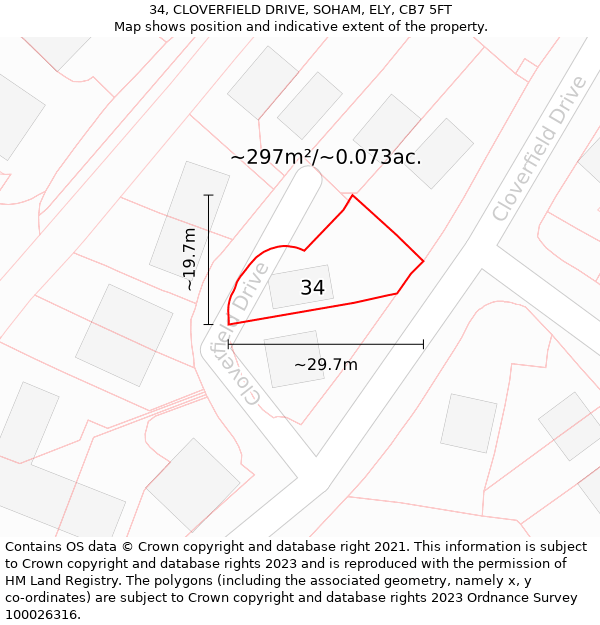 34, CLOVERFIELD DRIVE, SOHAM, ELY, CB7 5FT: Plot and title map