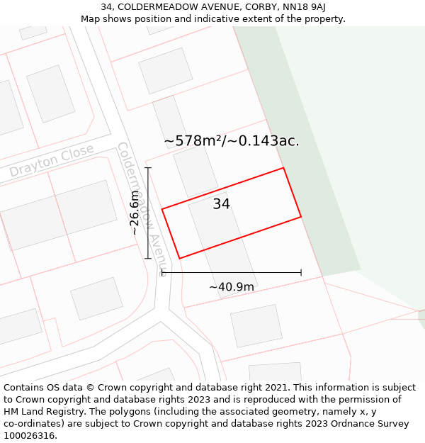 34, COLDERMEADOW AVENUE, CORBY, NN18 9AJ: Plot and title map