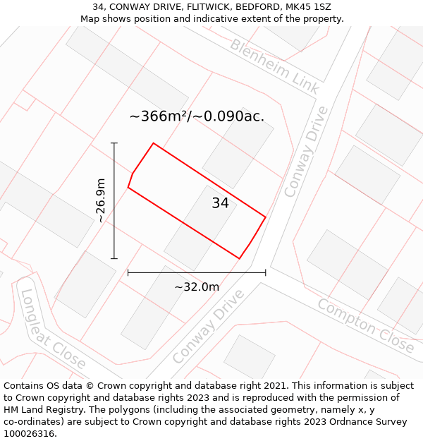 34, CONWAY DRIVE, FLITWICK, BEDFORD, MK45 1SZ: Plot and title map