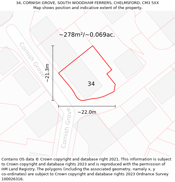 34, CORNISH GROVE, SOUTH WOODHAM FERRERS, CHELMSFORD, CM3 5XX: Plot and title map