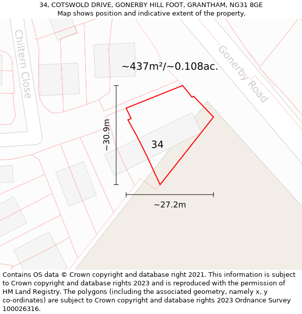34, COTSWOLD DRIVE, GONERBY HILL FOOT, GRANTHAM, NG31 8GE: Plot and title map