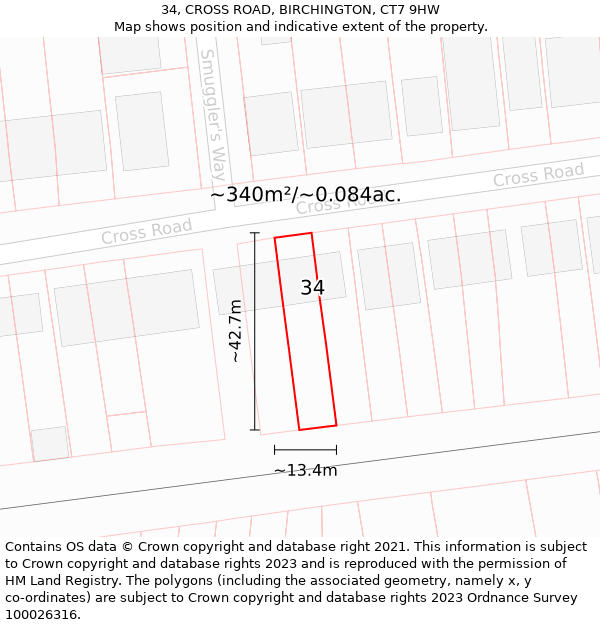 34, CROSS ROAD, BIRCHINGTON, CT7 9HW: Plot and title map