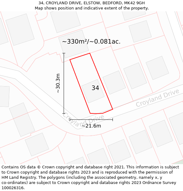 34, CROYLAND DRIVE, ELSTOW, BEDFORD, MK42 9GH: Plot and title map