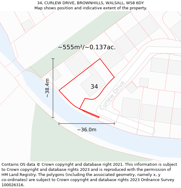 34, CURLEW DRIVE, BROWNHILLS, WALSALL, WS8 6DY: Plot and title map