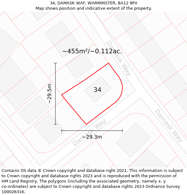 34, DAMASK WAY, WARMINSTER, BA12 9PX: Plot and title map