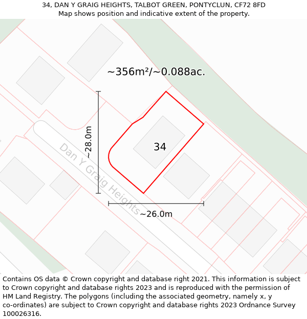34, DAN Y GRAIG HEIGHTS, TALBOT GREEN, PONTYCLUN, CF72 8FD: Plot and title map